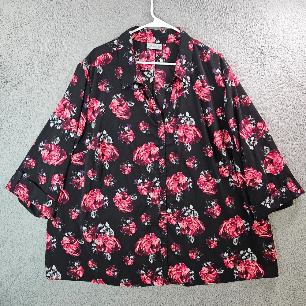 Catherines Shirt Top Women 3X Button Up Floral Print Roll‎ Tab Red Black